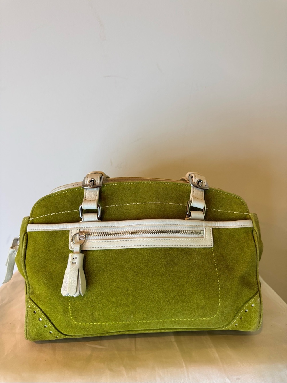 ULTRA RARE! Coach (2004) Hamptons Suede Carryall Satchel- Matcha/White - Picture 8 of 9
